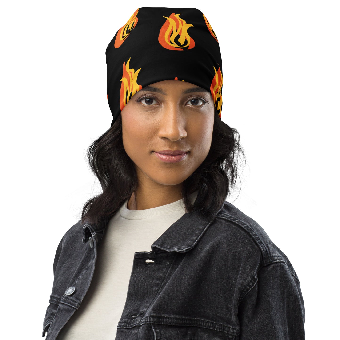 All-Over Print Beanie-Black & fire