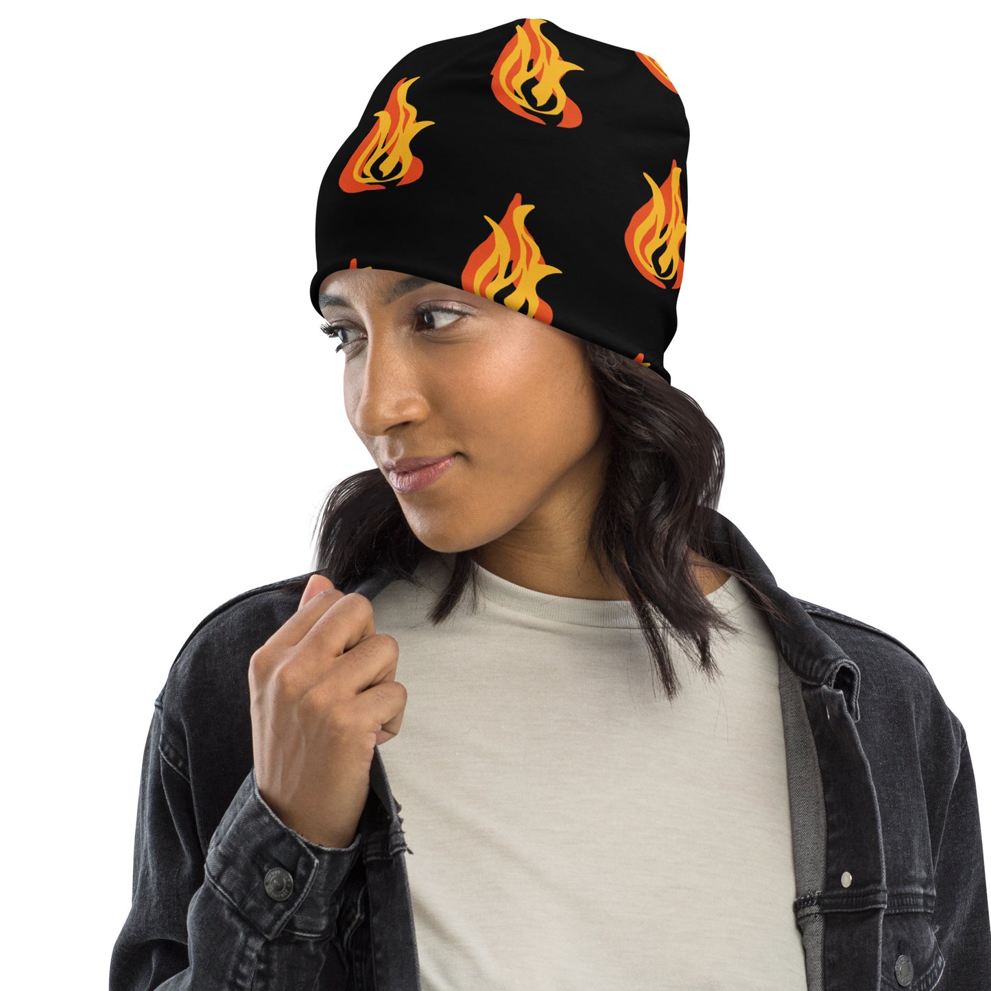 All-Over Print Beanie-Black & fire