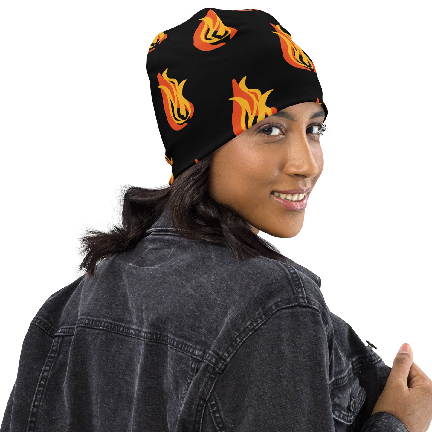 All-Over Print Beanie-Black & fire