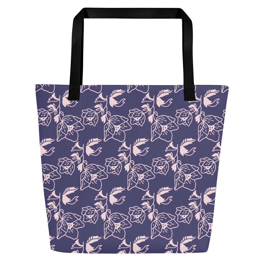 All-Over Print Large Tote Bag-Blue floral