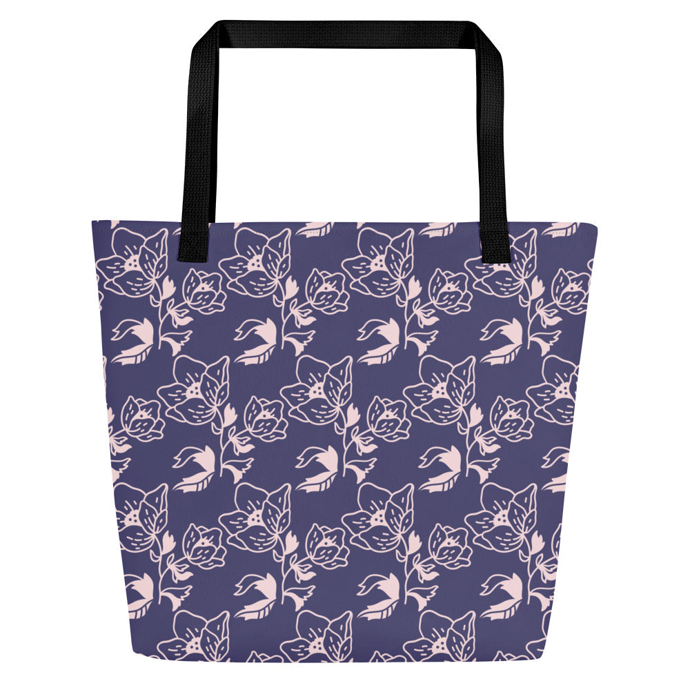 All-Over Print Large Tote Bag-Blue floral