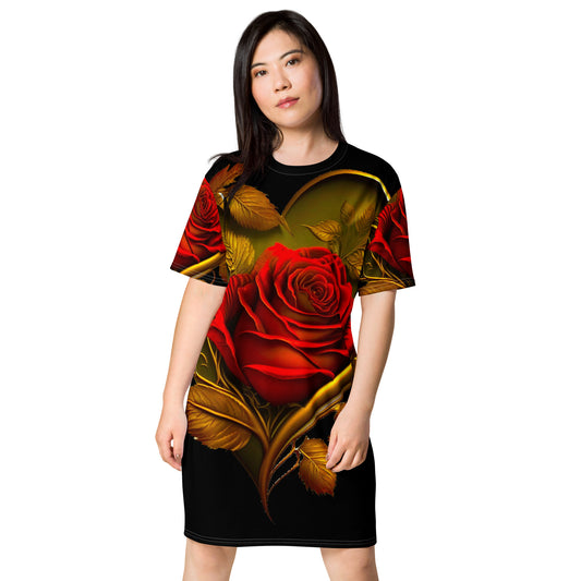 T-shirt dress-Red rose heart