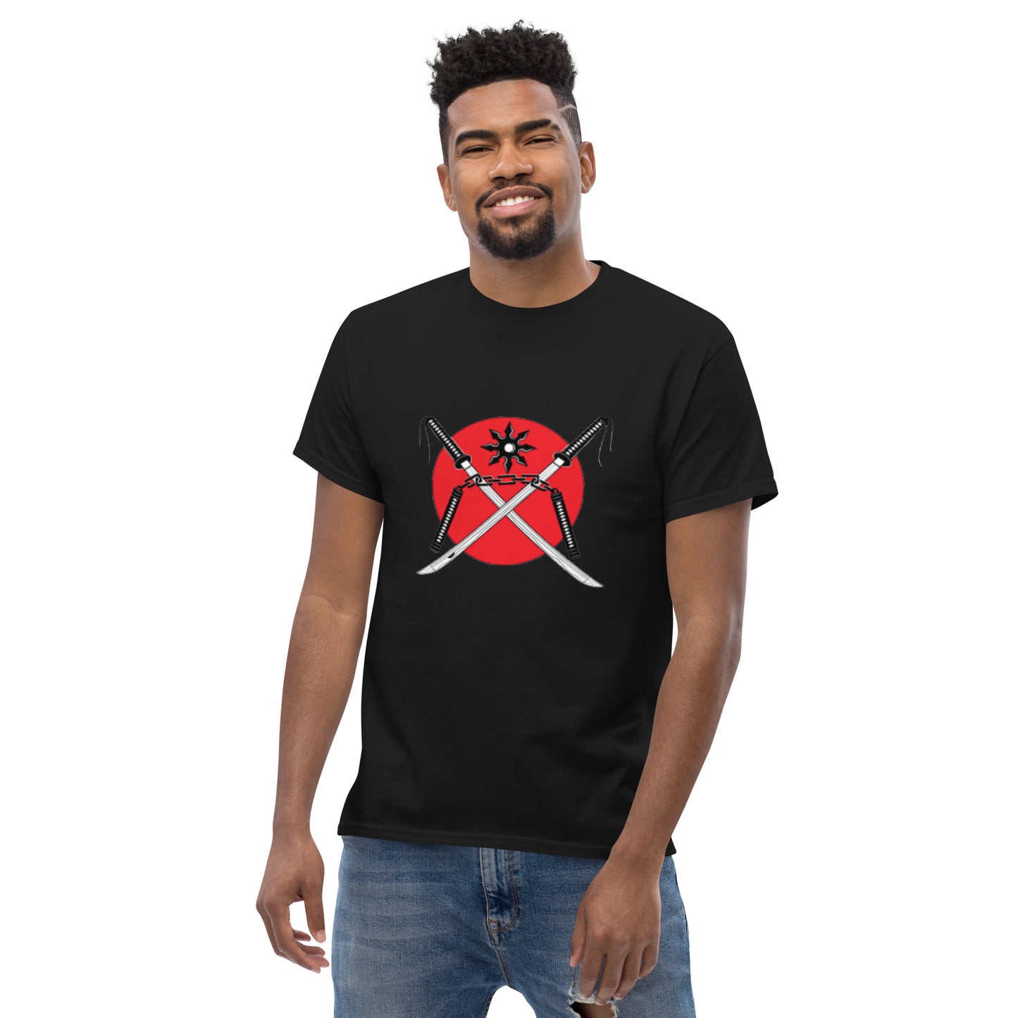 Men's classic tee-red sun swords, throwing star and nunchucks and shadow warrior in back