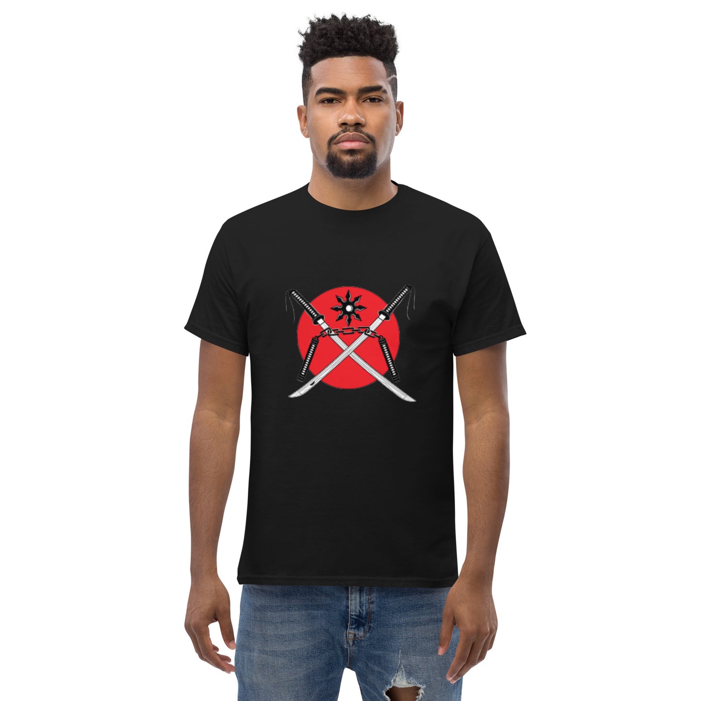 Men's classic tee-red sun swords, throwing star and nunchucks and shadow warrior in back