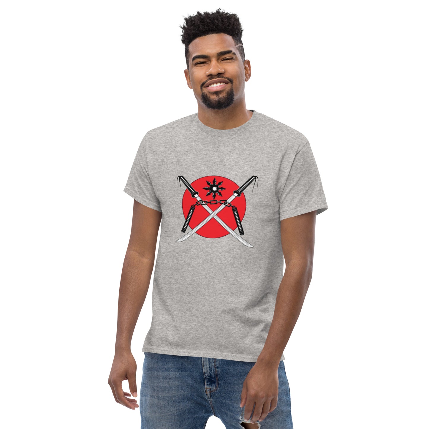 Men's classic tee-red sun swords, throwing star and nunchucks and shadow warrior in back