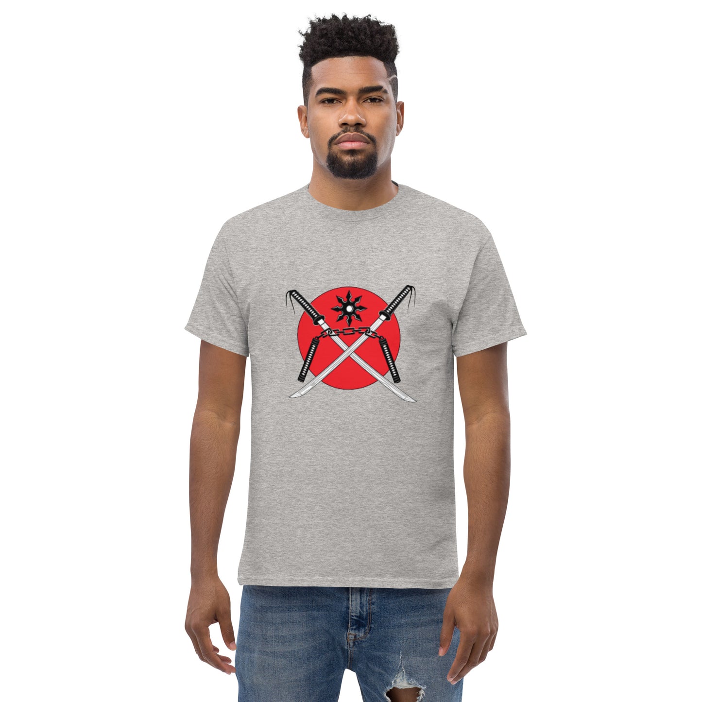 Men's classic tee-red sun swords, throwing star and nunchucks and shadow warrior in back