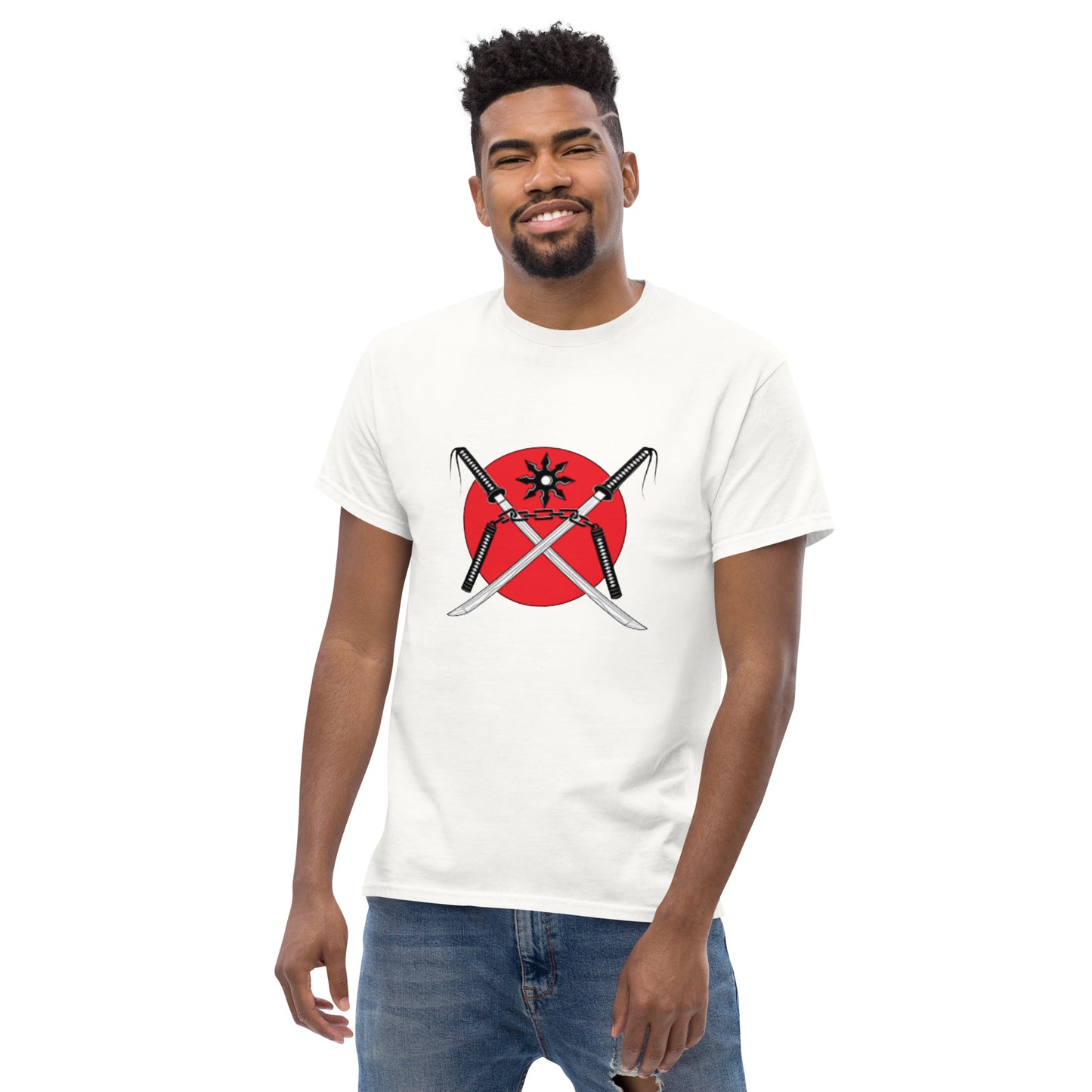 Men's classic tee-red sun swords, throwing star and nunchucks and shadow warrior in back