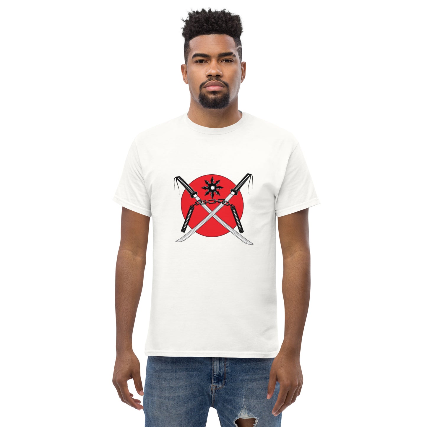 Men's classic tee-red sun swords, throwing star and nunchucks and shadow warrior in back